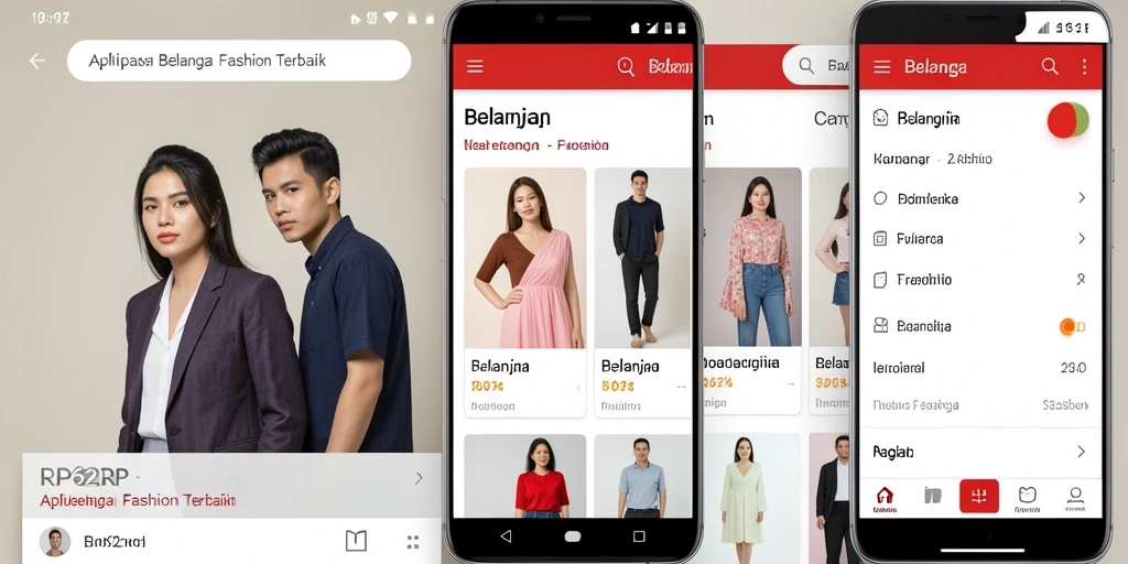 Antarmuka aplikasi RP62RP yang menawan dan modern untuk belanja fashion.